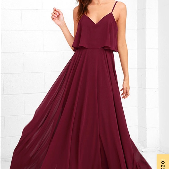 Lulu’s Burgundy Flowing Maxie Bridesmaid Dress - Picture 1 of 5